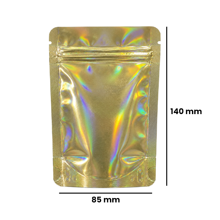 Mylar Bag 140 X 85 Mm, PU50, Gold Holographic-MB14085GLHOL-Bam Bam Bhole_2.webp
