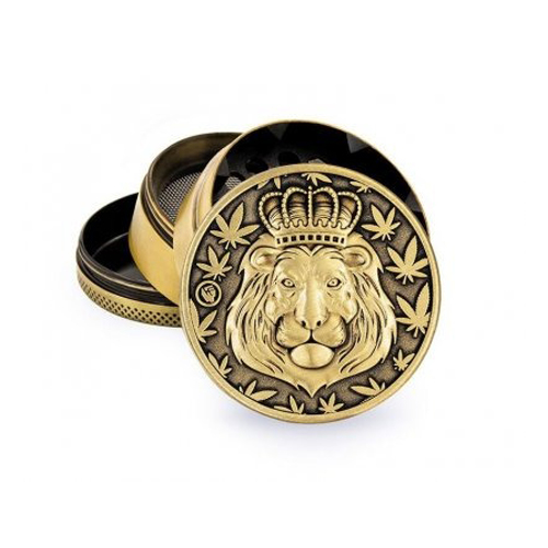 Metal Grinder With Sieve, Relief Rasta Lion, 50 mm Ø, 4 Parts, Gold